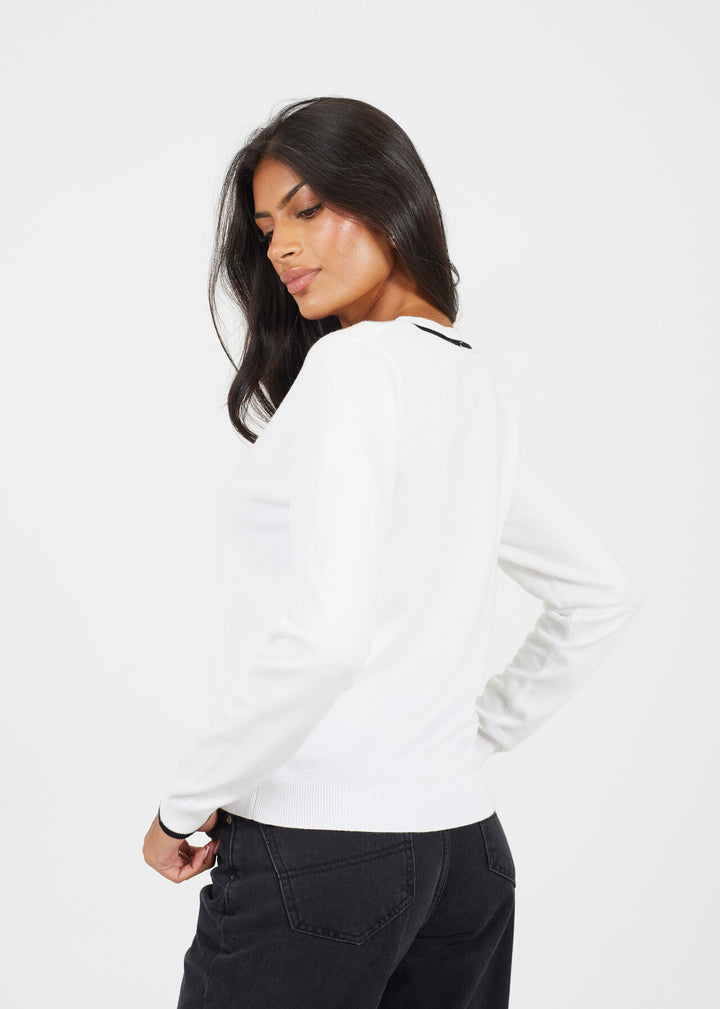 FINE KNIT CARDIGAN WITH TIPPING DETAIL, WHITE