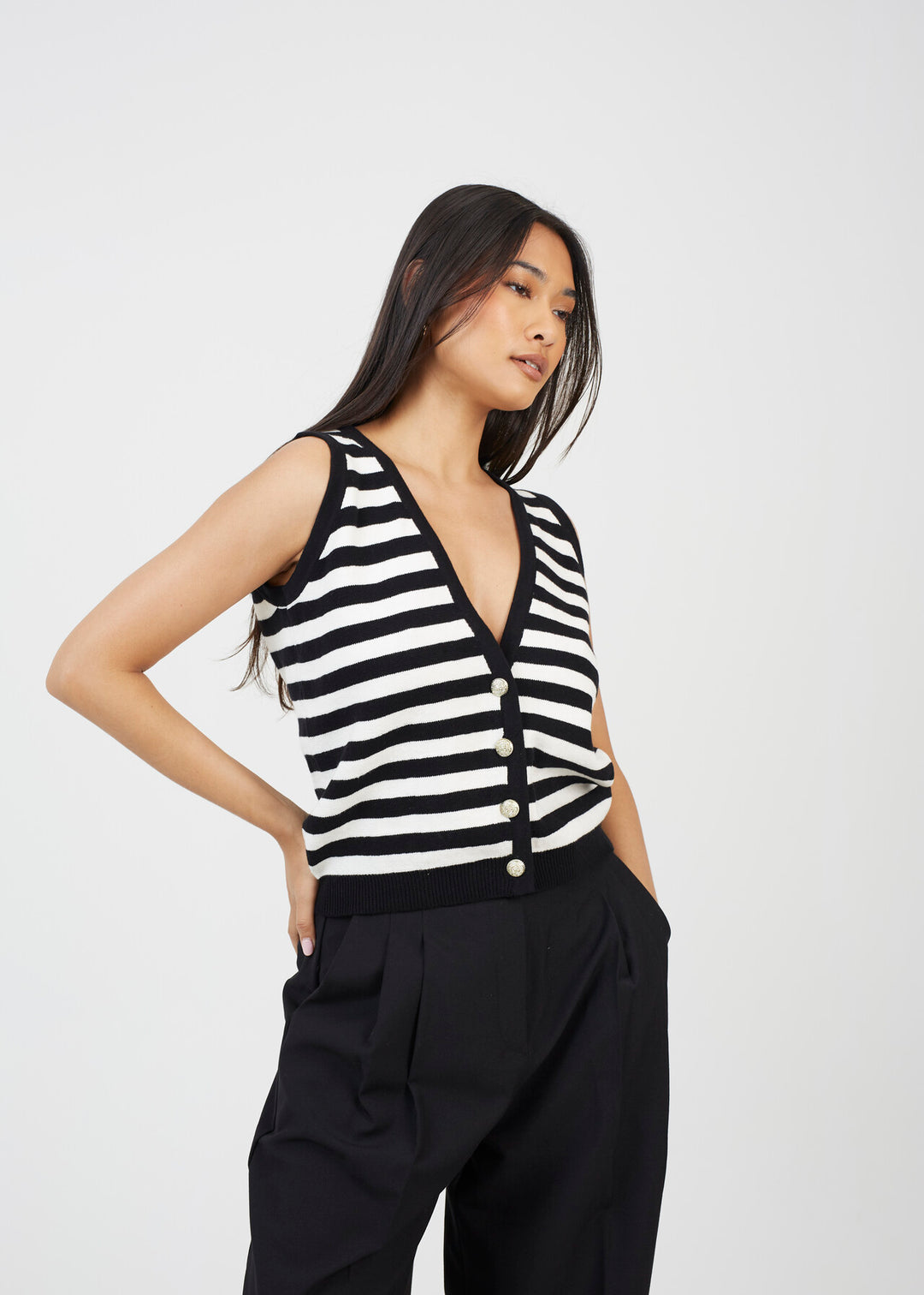 BUTTON DOWN SLEEVELESS KNITTED WAISTCOAT, BLACK/WHITE STRIPE