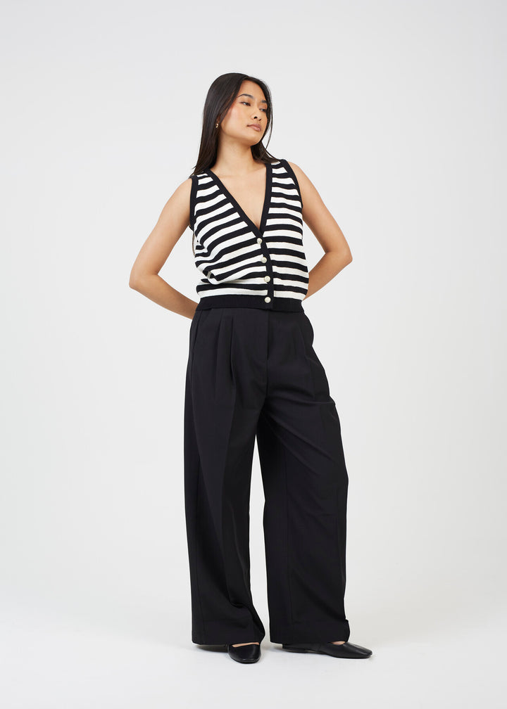 BUTTON DOWN SLEEVELESS KNITTED WAISTCOAT, BLACK/WHITE STRIPE