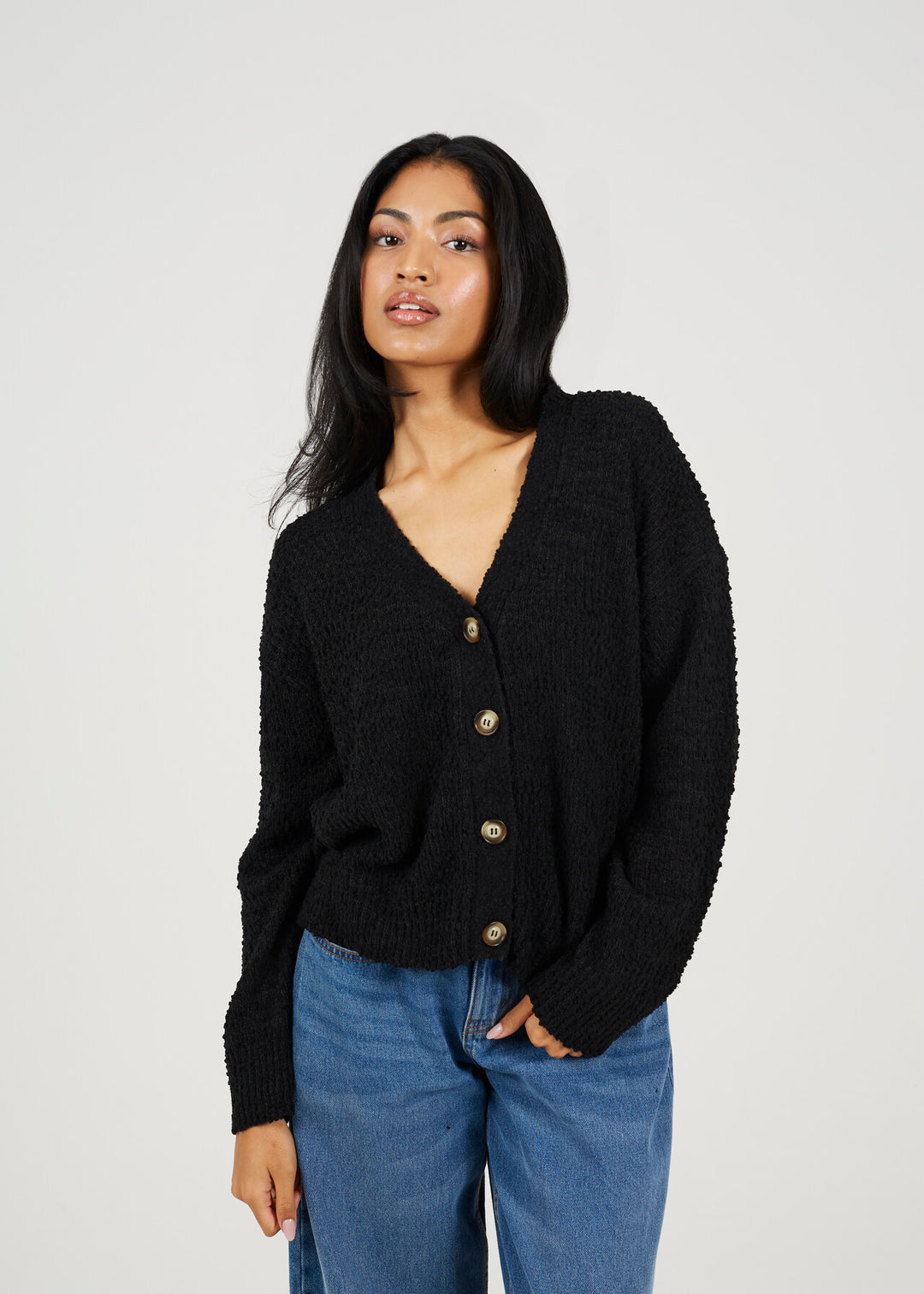 POPCORN YARN TEXTURED CARDIGAN, BLACK