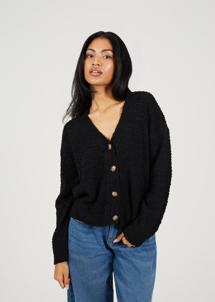 POPCORN YARN TEXTURED CARDIGAN, BLACK