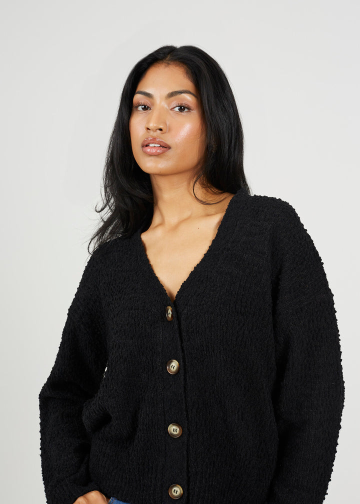 POPCORN YARN TEXTURED CARDIGAN, BLACK