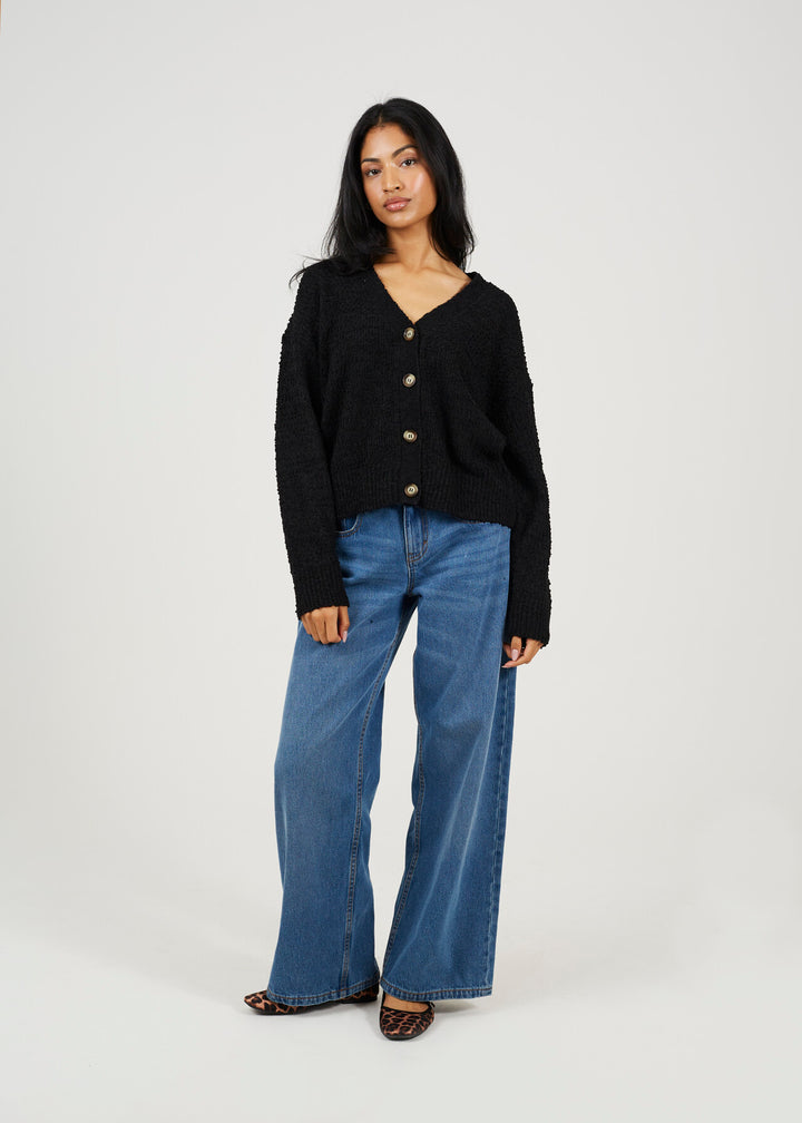 POPCORN YARN TEXTURED CARDIGAN, BLACK