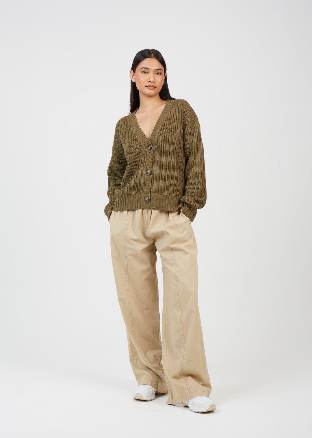 V-NECK FISHERMAN KNIT CARDIGAN, KHAKI