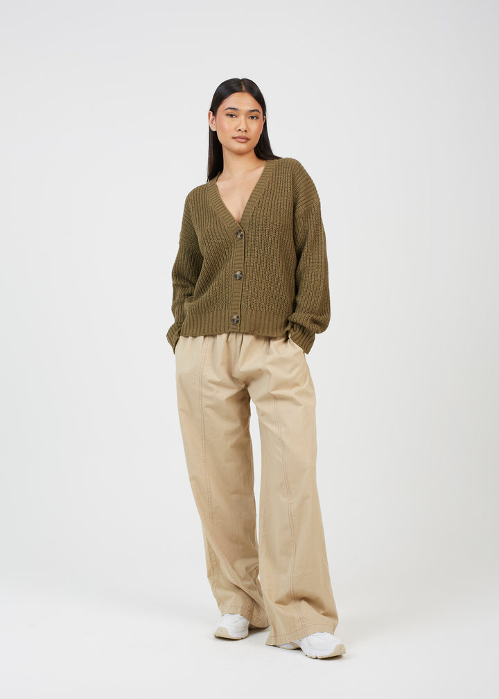 V-NECK FISHERMAN KNIT CARDIGAN, KHAKI