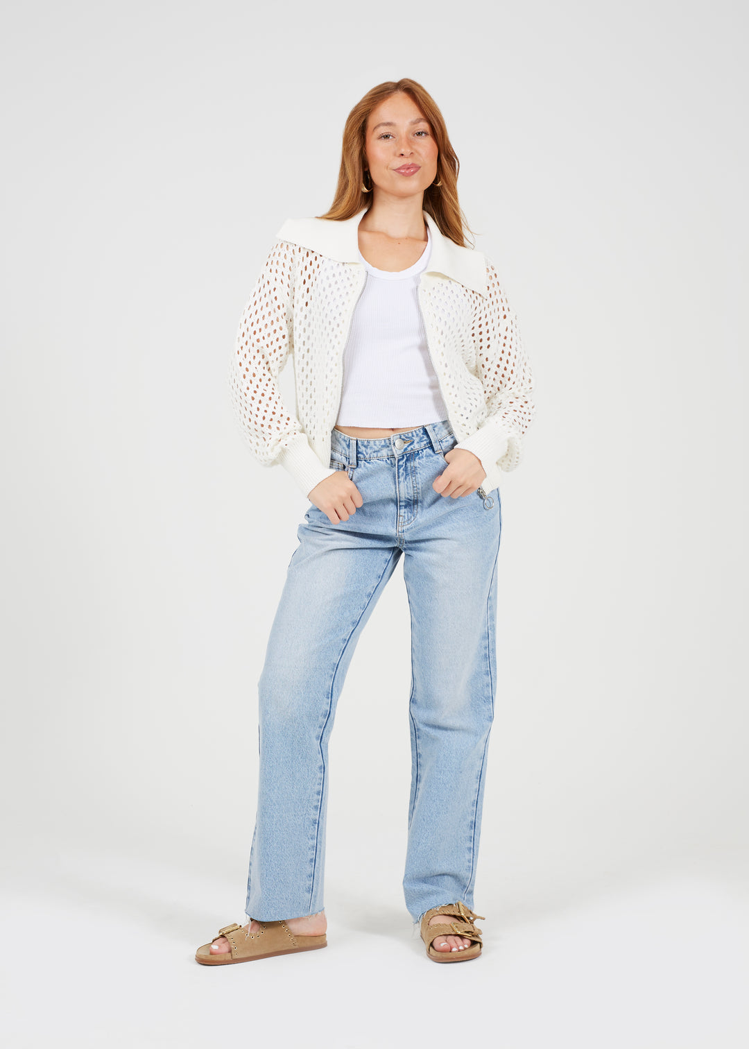 COLLARED OPEN MESH KNIT ZIP CARDIGAN, WHITE