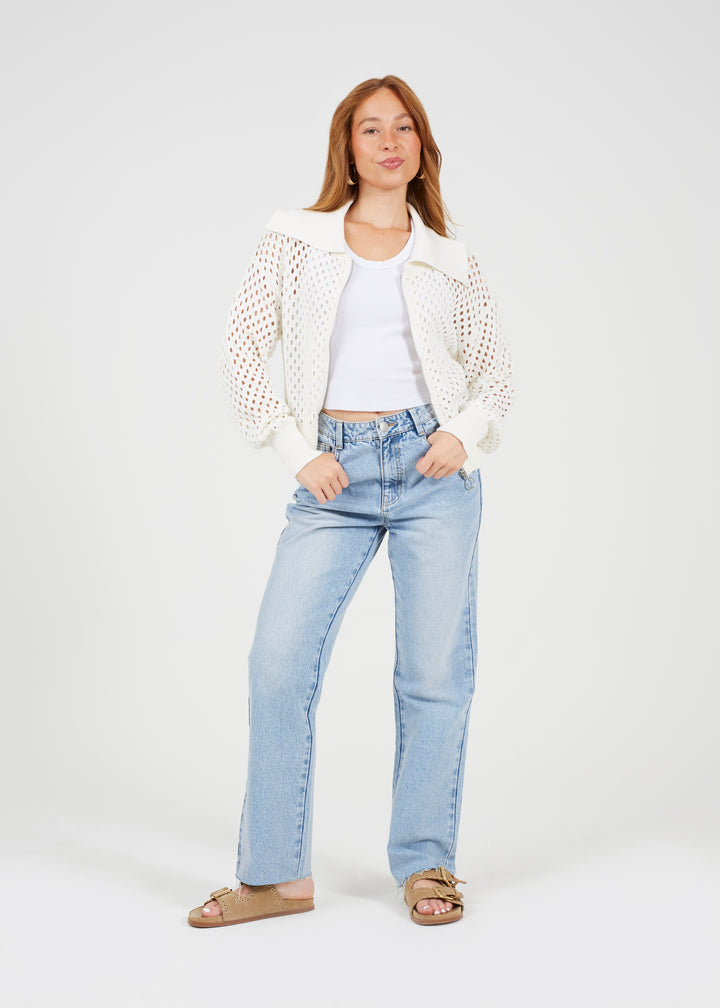 COLLARED OPEN MESH KNIT ZIP CARDIGAN, WHITE