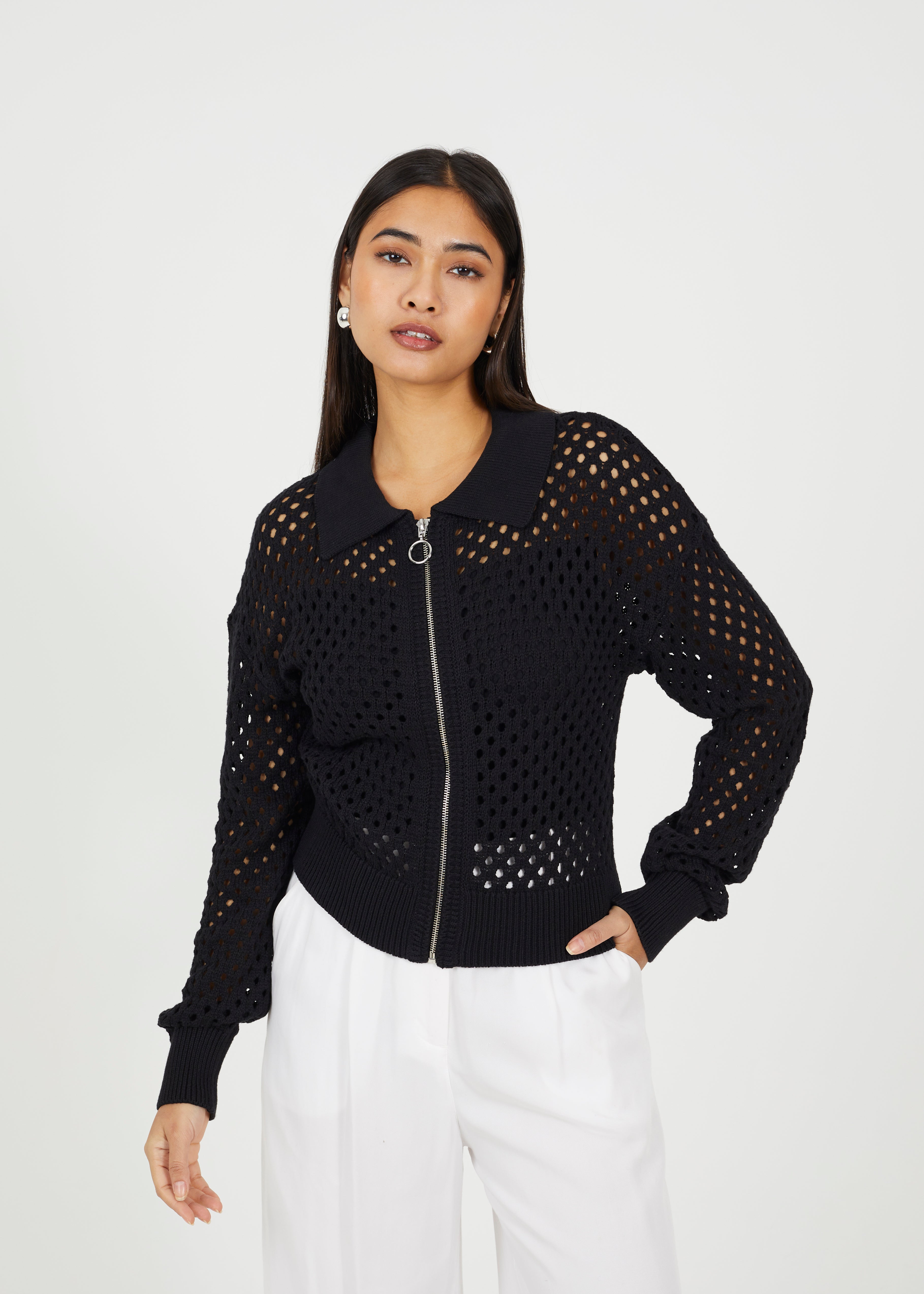 WOMENS WHOLESLE BLACK OPEN MESH KNIT ZIP CARDIGAN – Whispering Smith