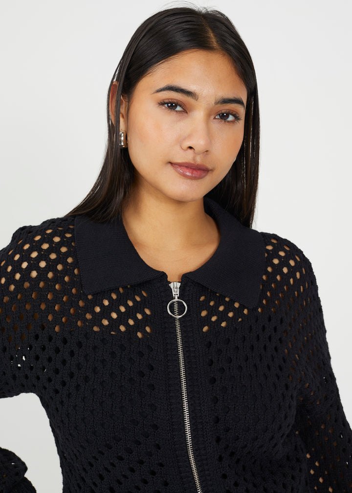 COLLARED OPEN MESH KNIT ZIP CARDIGAN, BLACK