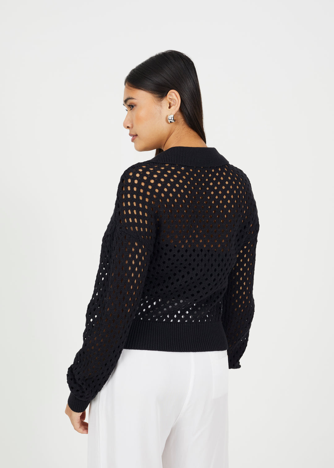 COLLARED OPEN MESH KNIT ZIP CARDIGAN, BLACK