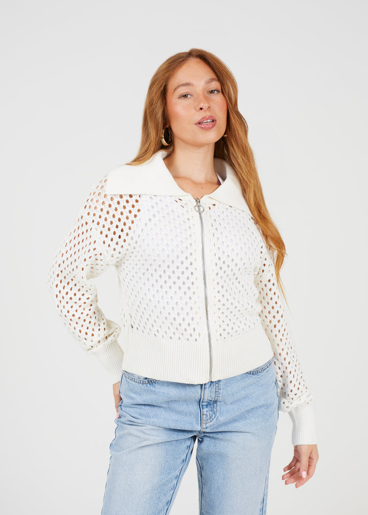 COLLARED OPEN MESH KNIT ZIP CARDIGAN, WHITE