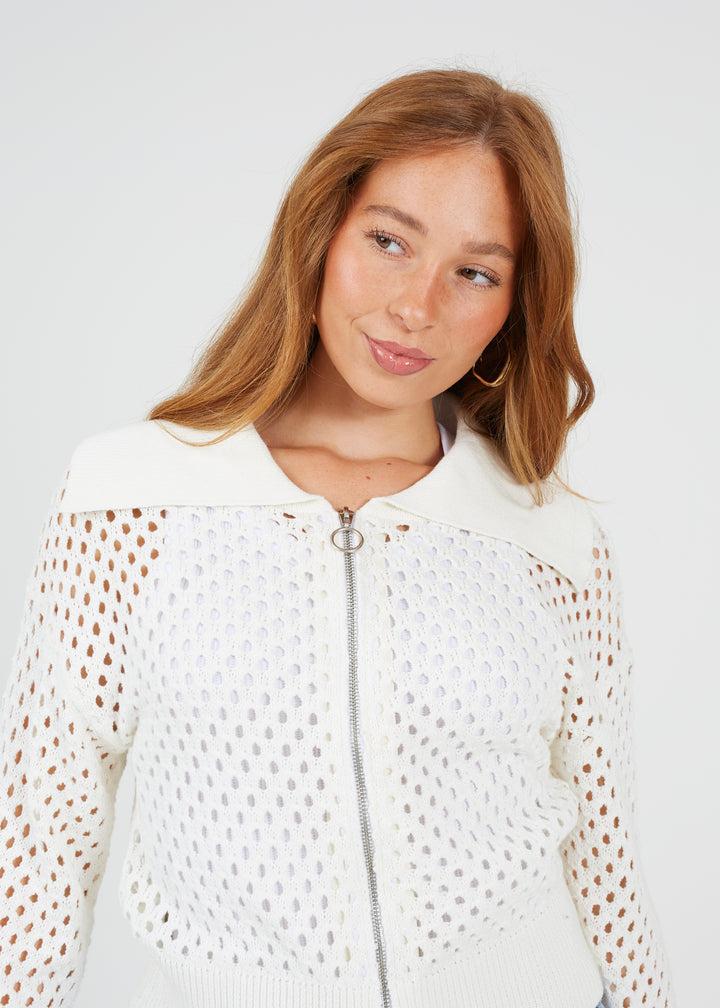 COLLARED OPEN MESH KNIT ZIP CARDIGAN, WHITE