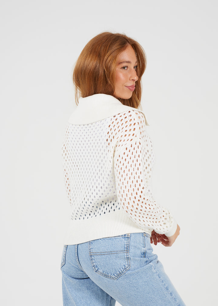 COLLARED OPEN MESH KNIT ZIP CARDIGAN, WHITE