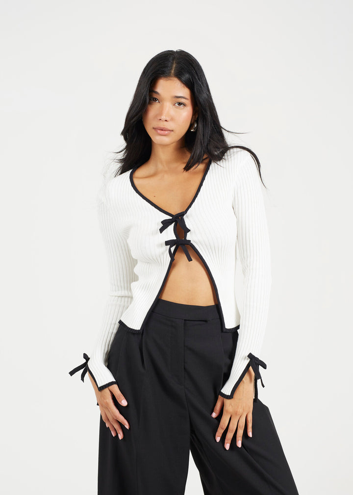 BOW DETAIL RIBBED CARDIGAN, WHITE/BLACK