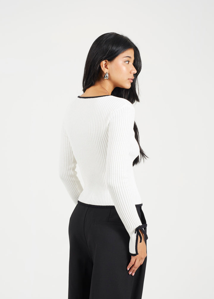BOW DETAIL RIBBED CARDIGAN, WHITE/BLACK