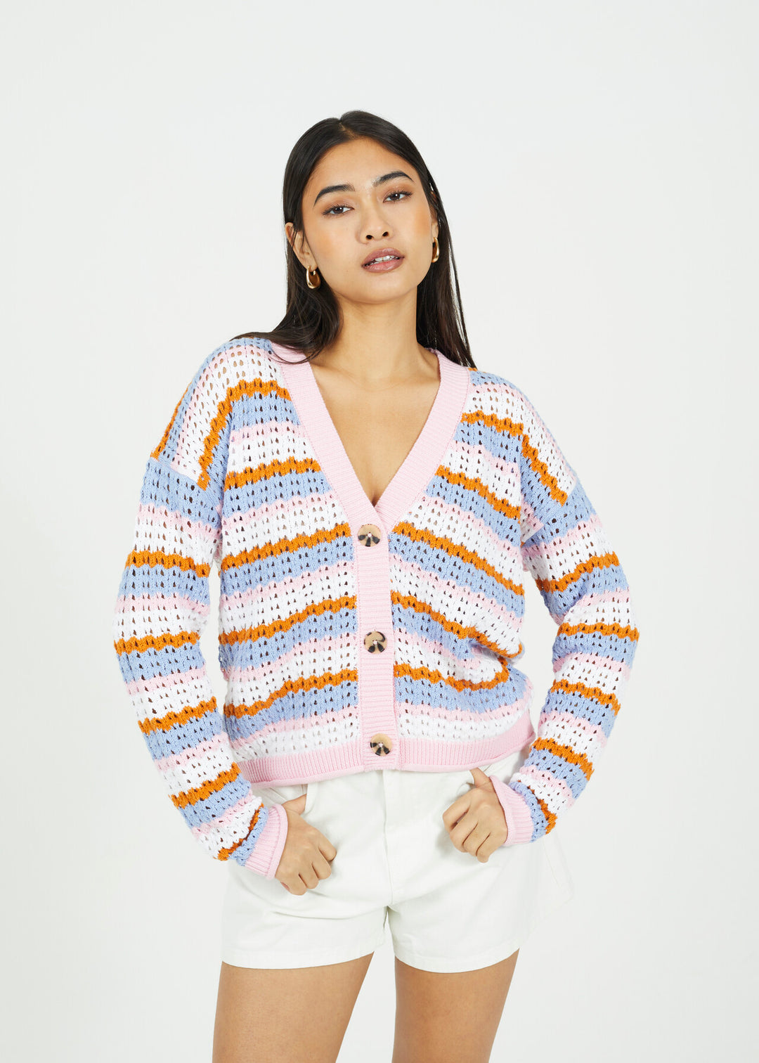 STRIPED OPEN KNIT CONTRAST CARDIGAN, PINK/MULTI