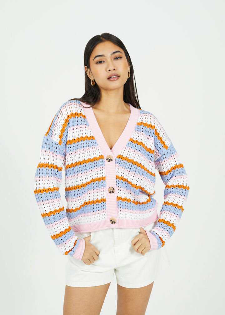 STRIPED OPEN KNIT CONTRAST CARDIGAN, PINK/MULTI