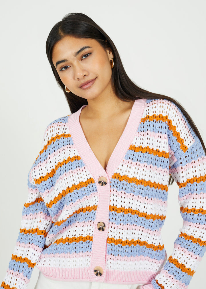 STRIPED OPEN KNIT CONTRAST CARDIGAN, PINK/MULTI