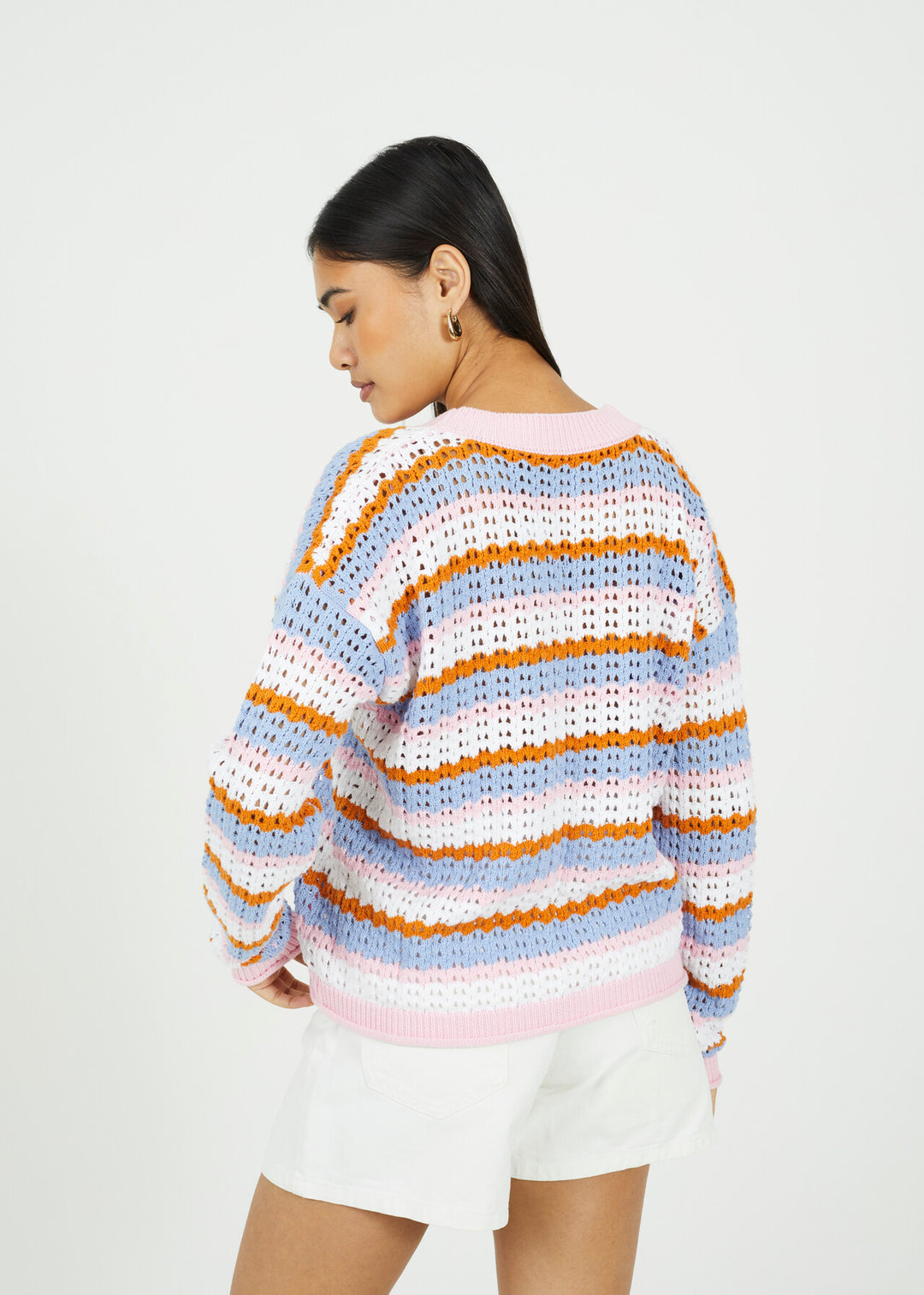 STRIPED OPEN KNIT CONTRAST CARDIGAN, PINK/MULTI