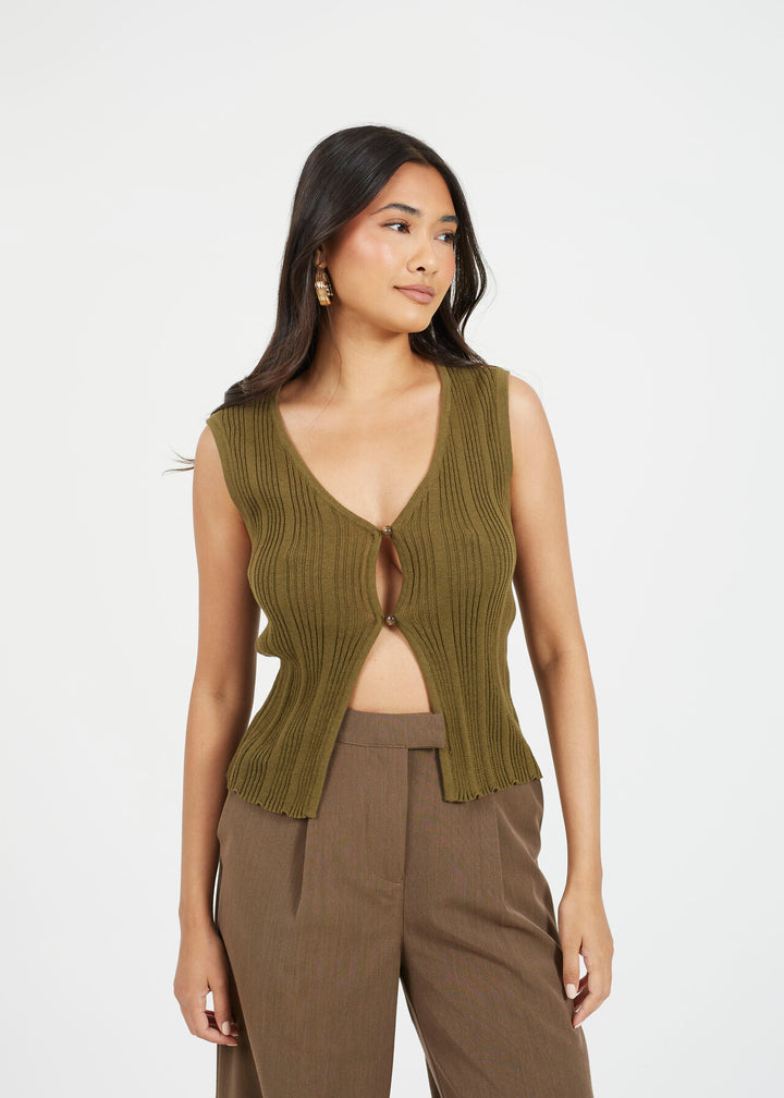 FINE KNIT SLEEVELESS WAISTCOAT, KHAKI