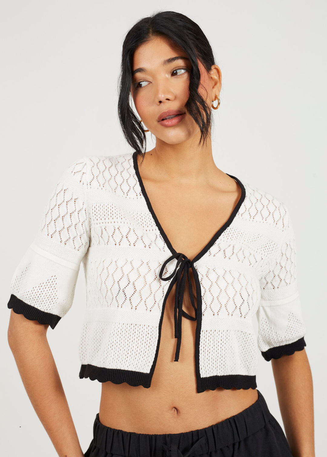 POINTELLE CROPPED DOUBLE TIE FRONT SHORT SLEEVE CARDIGAN