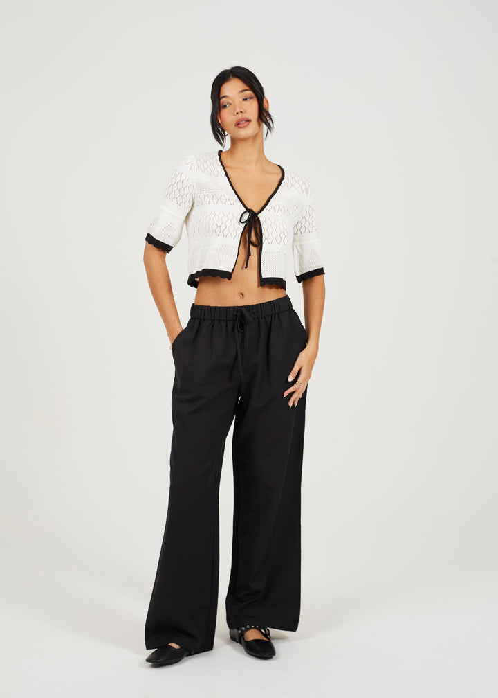 POINTELLE CROPPED DOUBLE TIE FRONT SHORT SLEEVE CARDIGAN