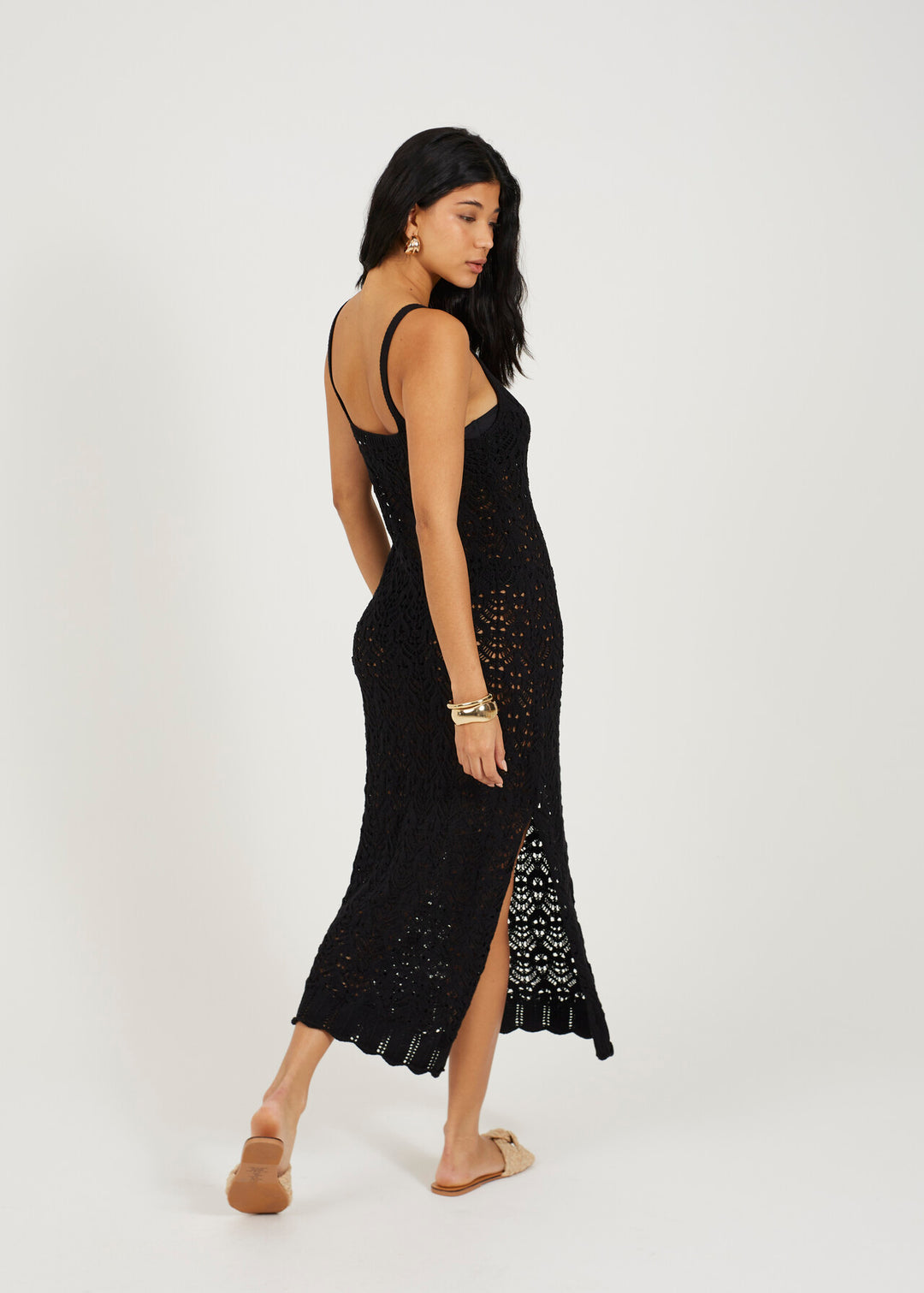 POINTELLE KNIT MIDI BEACH COVER UP DRESS, BLACK