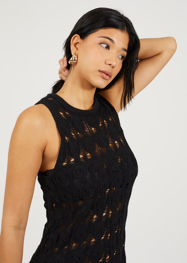 OPEN KNIT POINTELLE MINI DRESS, BLACK