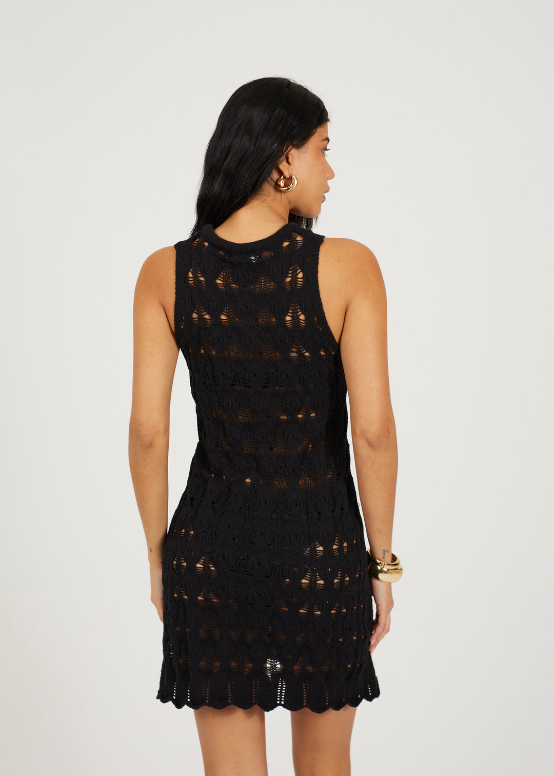 OPEN KNIT POINTELLE MINI DRESS, BLACK