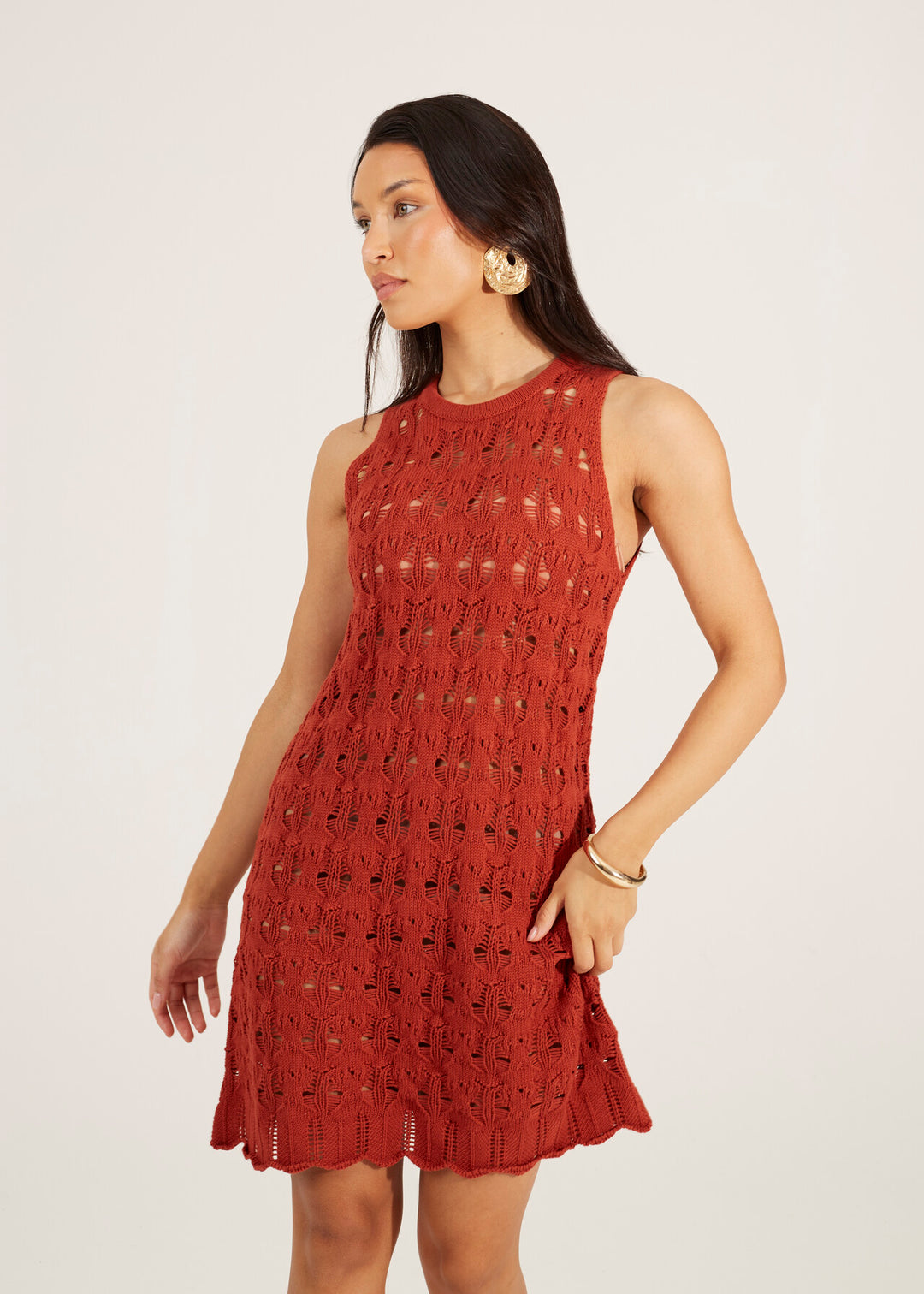OPEN KNIT POINTELLE MINI DRESS, TERRACOTTA