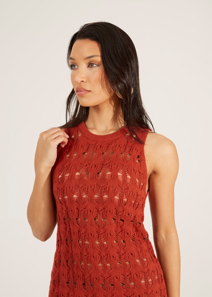 OPEN KNIT POINTELLE MINI DRESS, TERRACOTTA