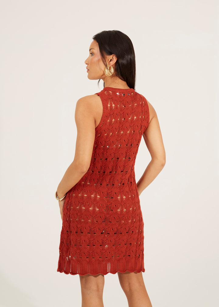 OPEN KNIT POINTELLE MINI DRESS, TERRACOTTA