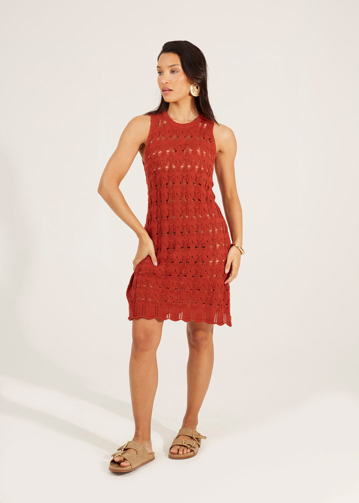 OPEN KNIT POINTELLE MINI DRESS, TERRACOTTA