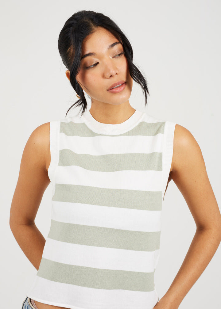 CREW NECK KNITTED TANK TOP, WHITE/SAGE