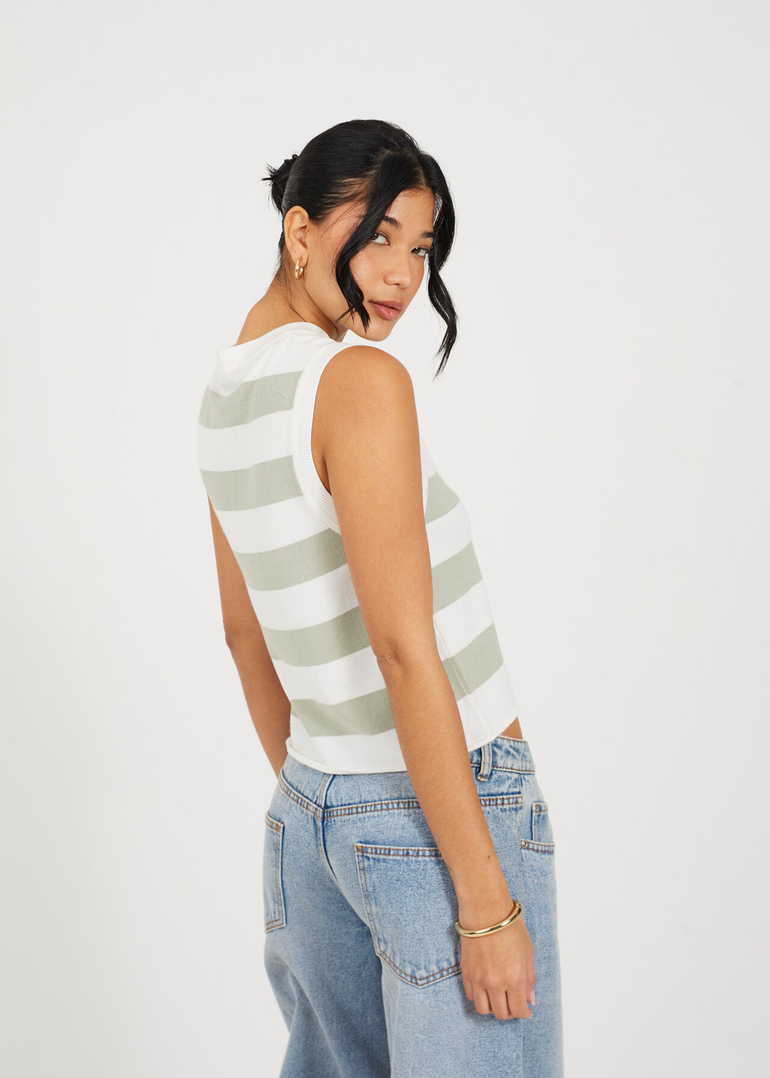 CREW NECK KNITTED TANK TOP, WHITE/SAGE