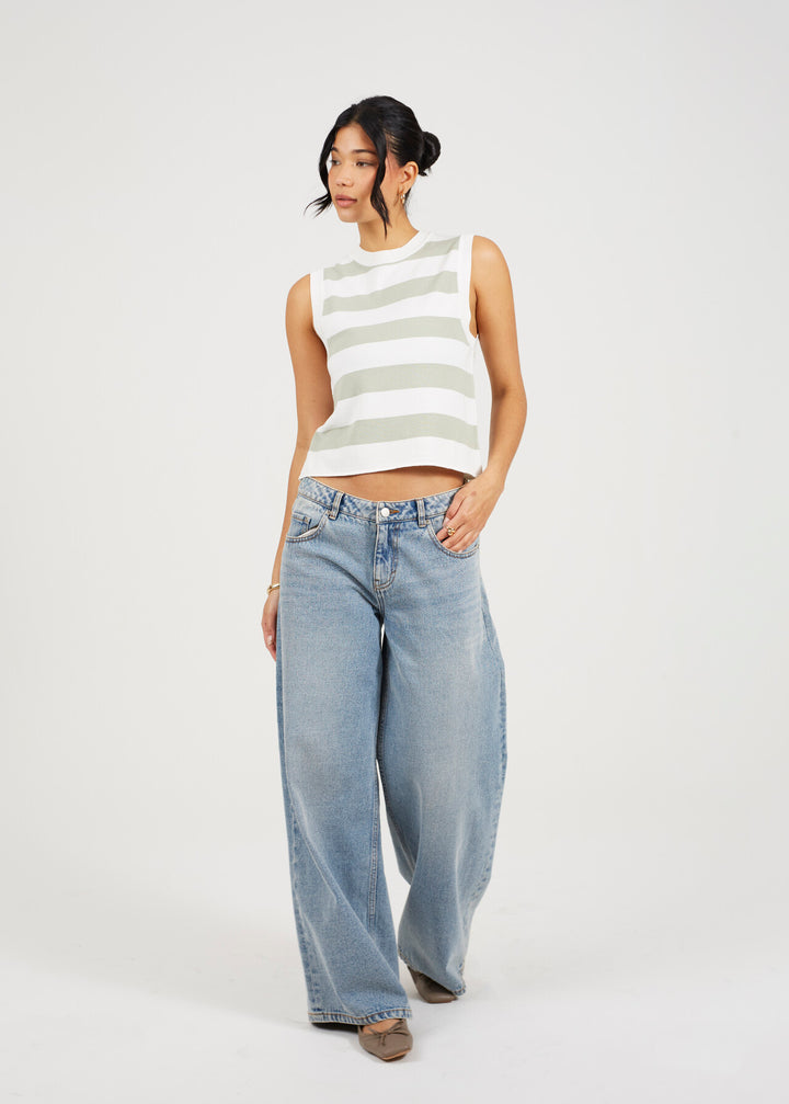 CREW NECK KNITTED TANK TOP, WHITE/SAGE