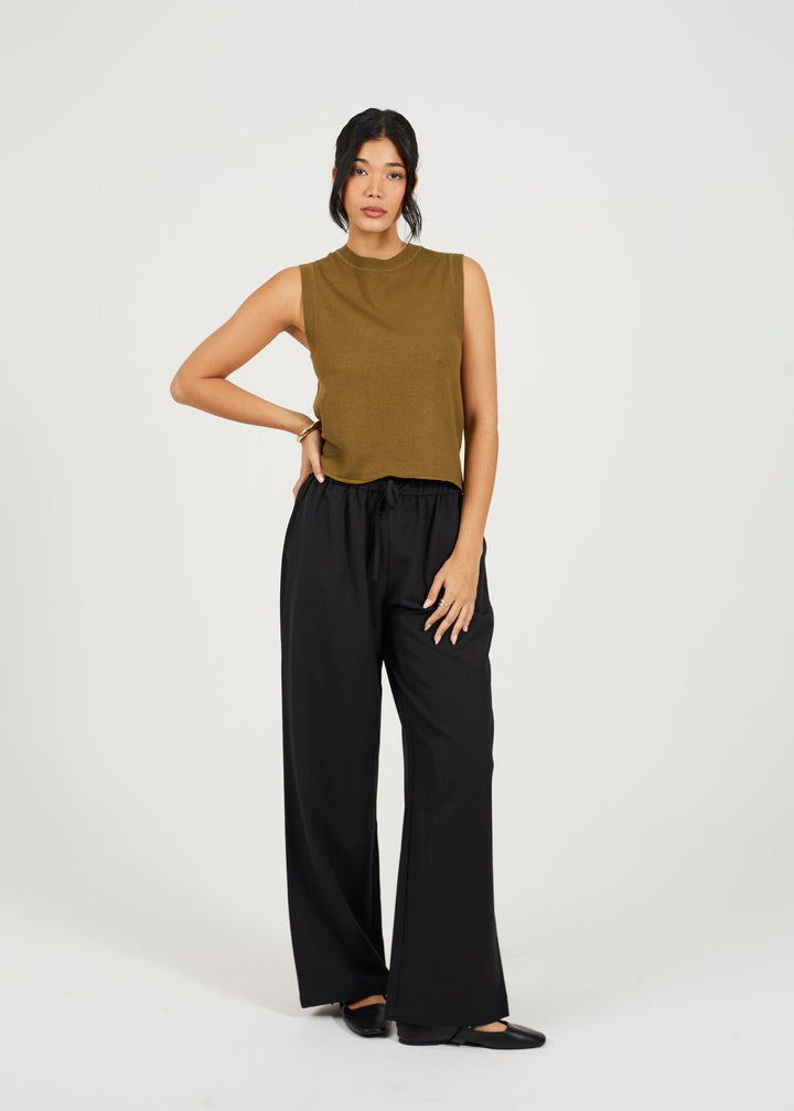 CREW NECK KNITTED TANK TOP, KHAKI