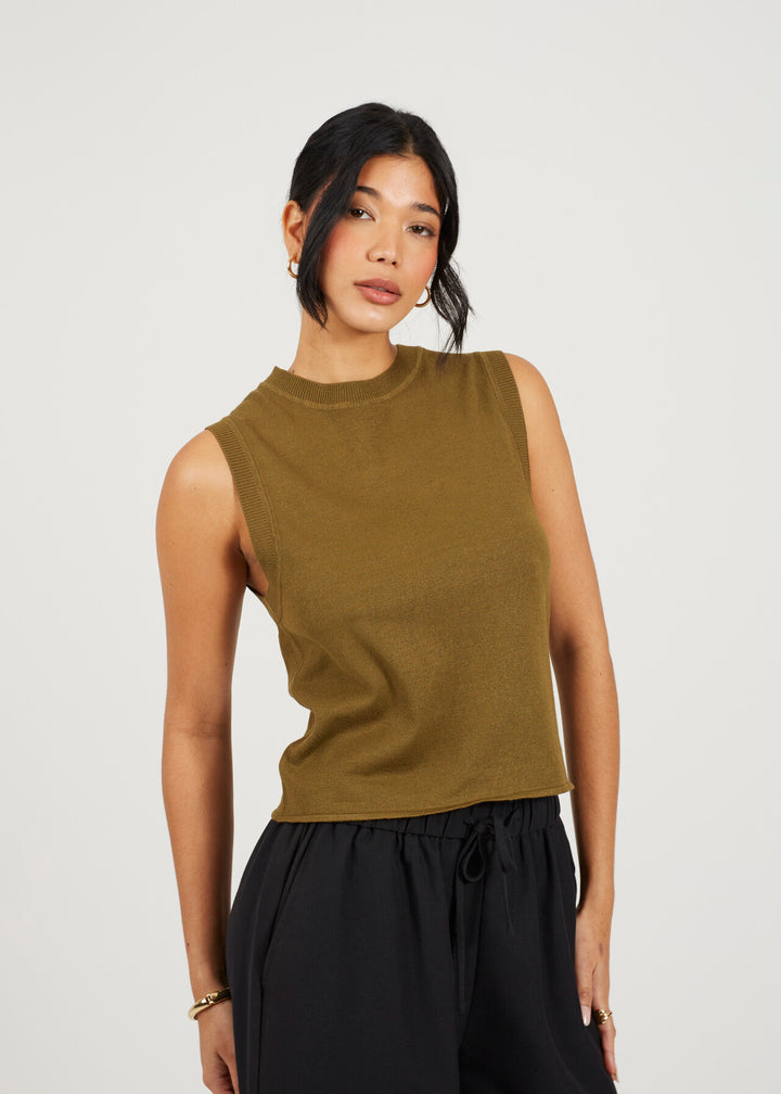 CREW NECK KNITTED TANK TOP, KHAKI