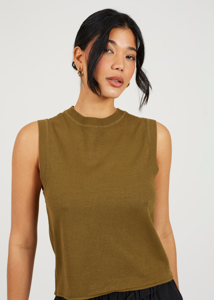 CREW NECK KNITTED TANK TOP, KHAKI