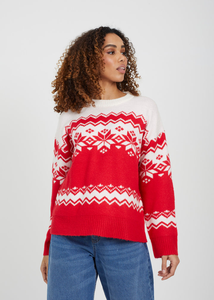 JAQUARD KNIT SNOWFLAKE CHRISTMAS JUMPER, RED & WHITE
