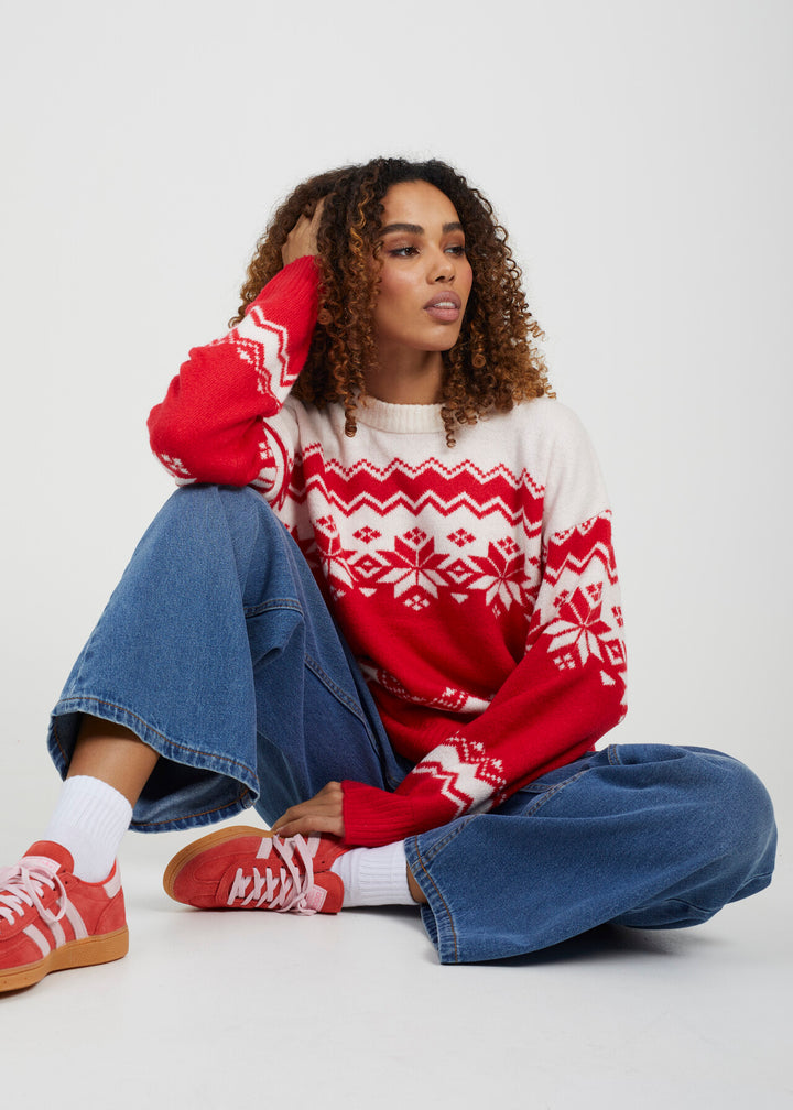 JAQUARD KNIT SNOWFLAKE CHRISTMAS JUMPER, RED & WHITE
