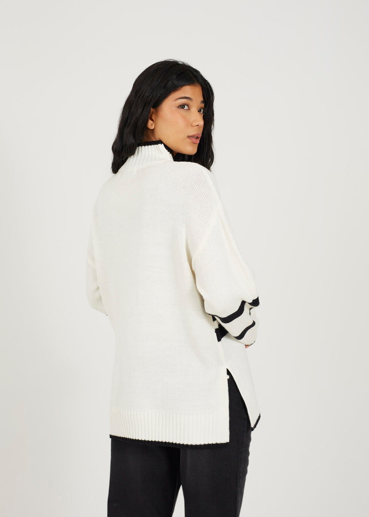 SLOGAN JUMPER WITH CONTRAST STRIPE, IVORY & BLACK