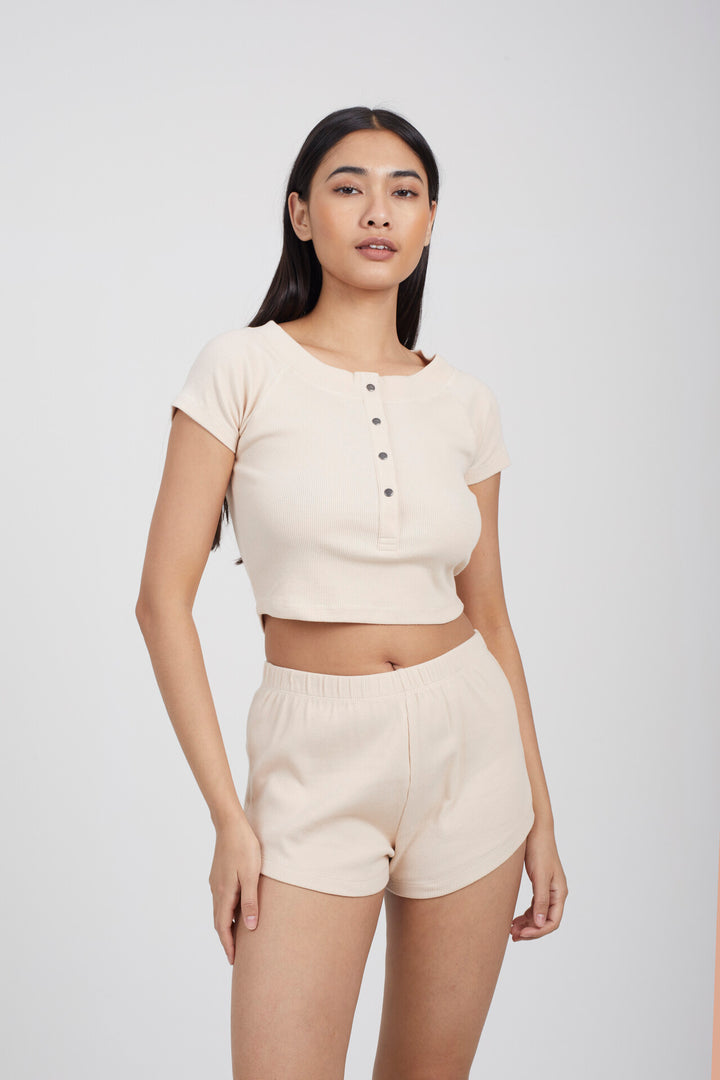 OATMEAL RIBBED CROPPED T-SHIRT AND SHORTS LOUNGE SET