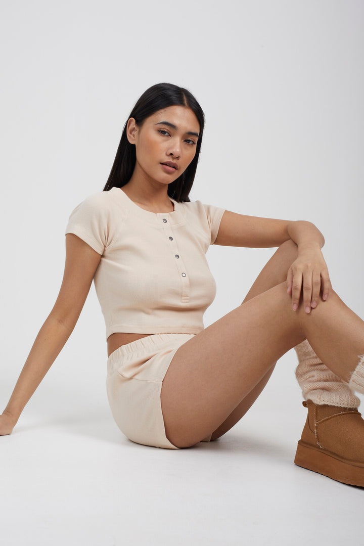 OATMEAL RIBBED CROPPED T-SHIRT AND SHORTS LOUNGE SET