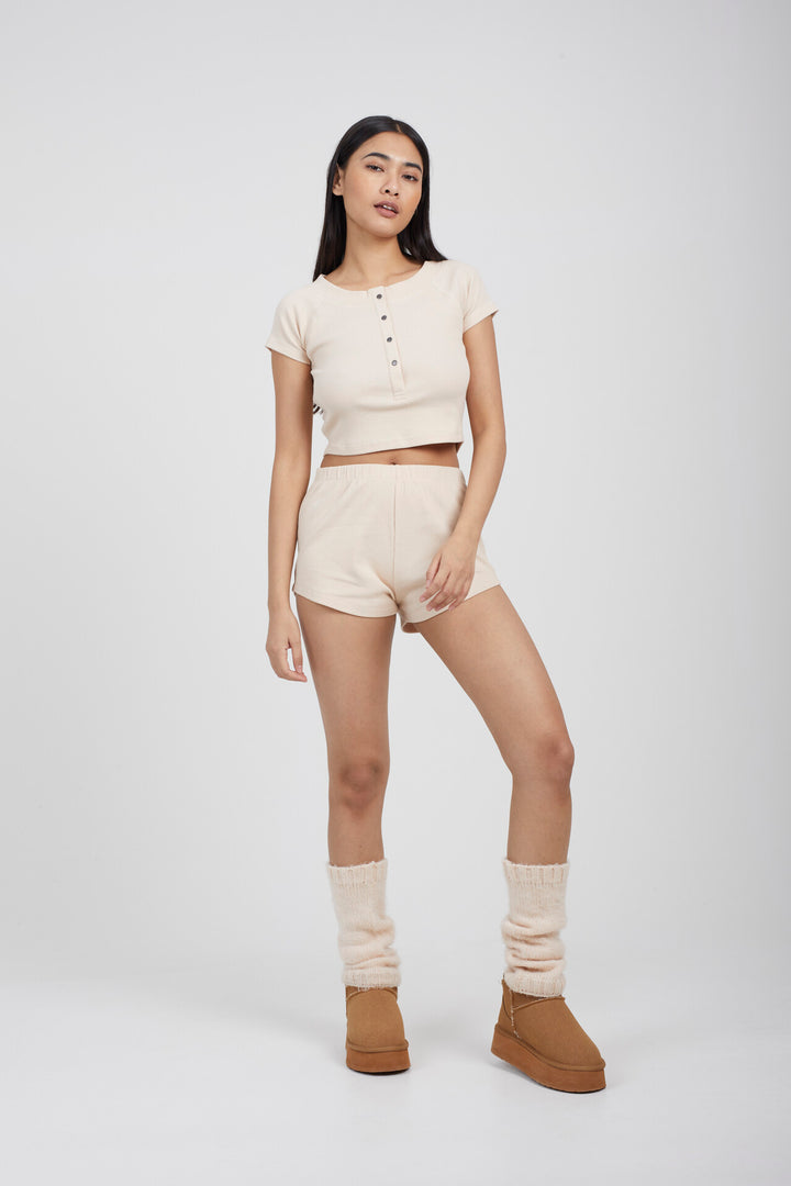 OATMEAL RIBBED CROPPED T-SHIRT AND SHORTS LOUNGE SET