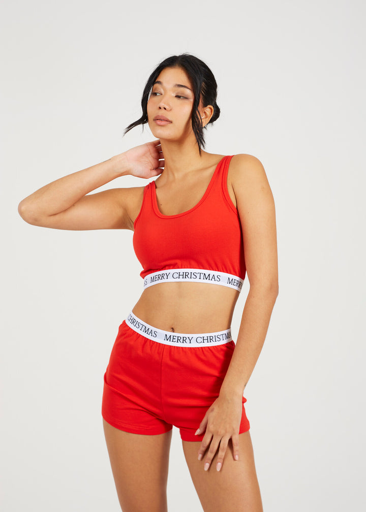 RED MERRY CHRISTMAS SLOGAN CROP VEST AND SHORTS SET