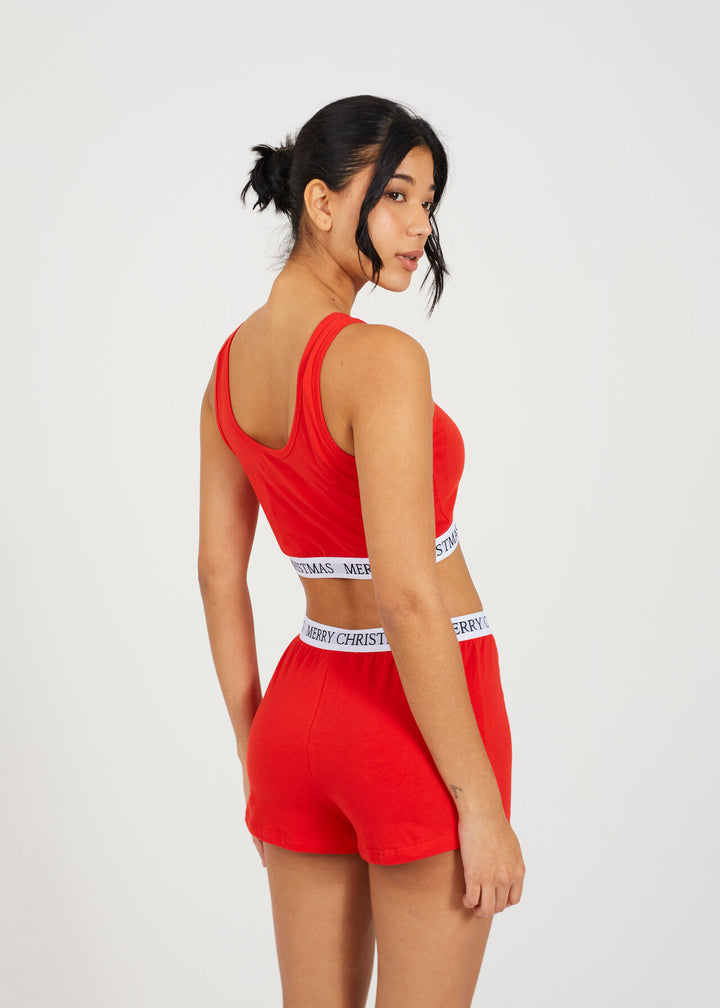 RED MERRY CHRISTMAS SLOGAN CROP VEST AND SHORTS SET