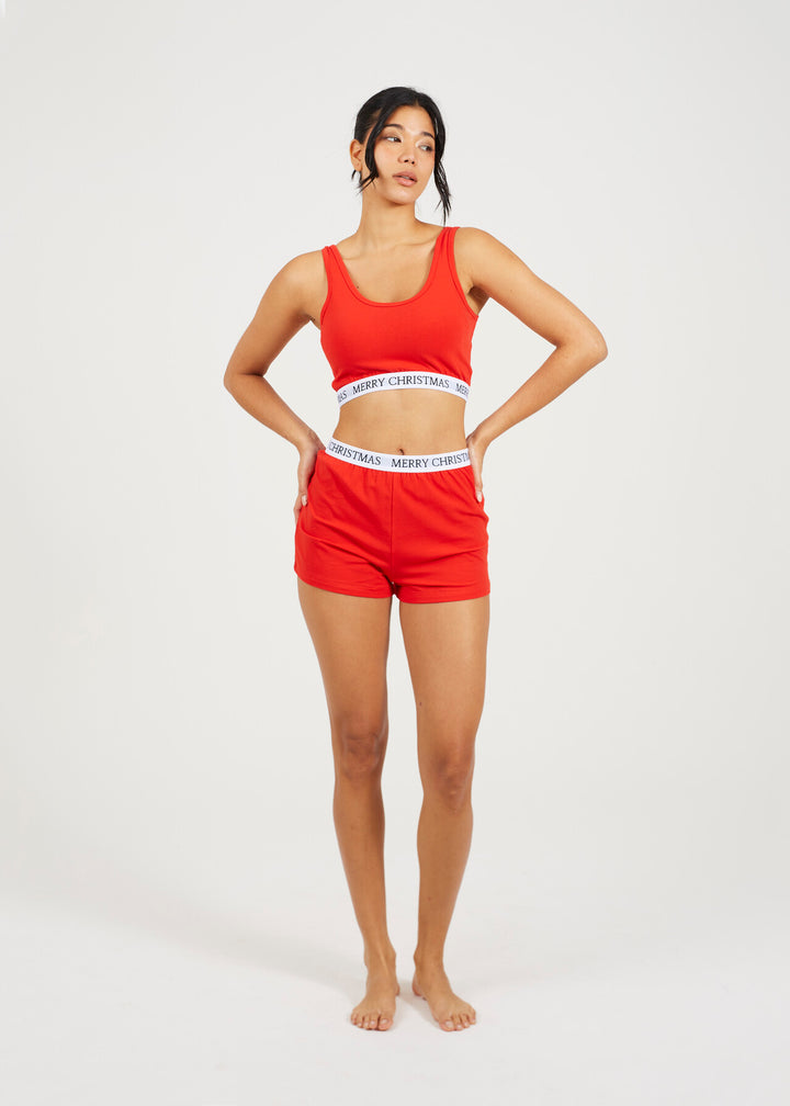 RED MERRY CHRISTMAS SLOGAN CROP VEST AND SHORTS SET