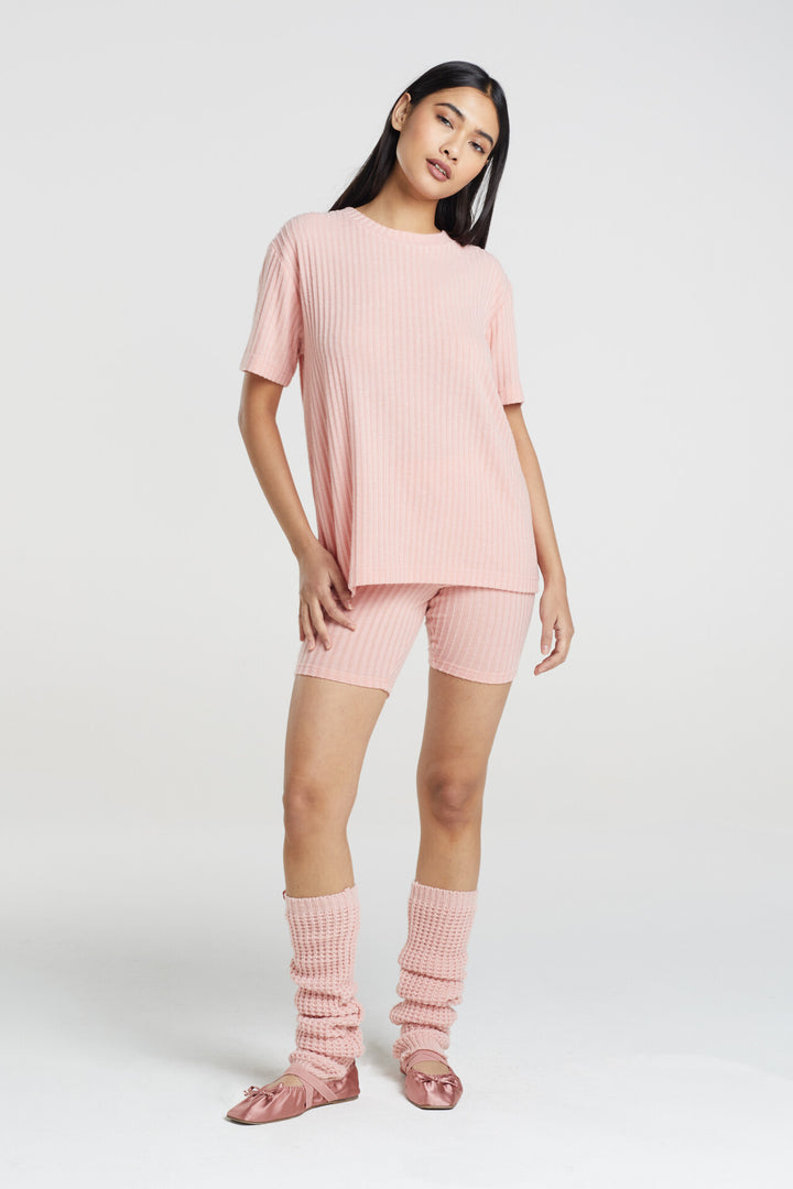 PINK RIBBED KNIT TWO PIECE LOUNGE SET