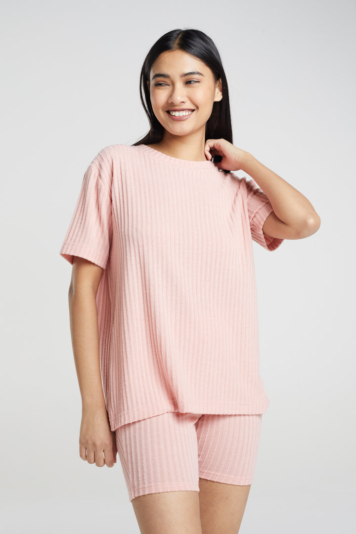 PINK RIBBED KNIT TWO PIECE LOUNGE SET